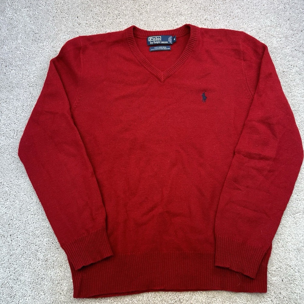 Vintage Polo Ralph Lauren Sweater Mens Red 100% Lambswool Pullover V-Neck Sz M